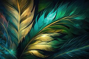 Abstract background with feather pattern, gradients and texture, digital painting in blue, green and gold, red, teal, orange colors, created with photo