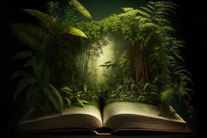 A tropical rainforest jungle with parrot, bird, monkey, wolf appearing opening a book. Jungle book for kid. fantastic jungle landscape. photo