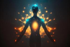 astral cuerpo silueta con resumen espacio antecedentes. esotérico, espiritual vida y meditación concepto. vida futura y conexión con otro mundos creado con generativo ai foto