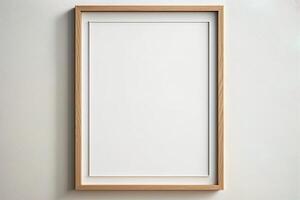 Blank picture frame mockup on wall in modern interior. Artwork template mock up in interior design. Wooden Picture Frame Mockup on White Wall Minimalist - photo