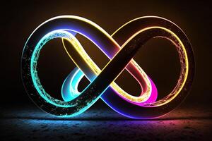 glowing neon infinity symbol in the night. . Infinity, eternity, infinite, endless, loop symbols. photo