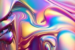 Holographic liquid background. Holograph color texture with foil effect. Halographic iridescent backdrop. Pearlescent gradient for design prints. Rainbow metal. photo