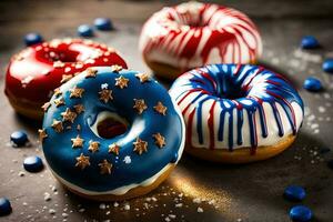 Red, White, and Blue Doughnuts with Glaze. Generative AI. Fresh sweet donuts in motion with multicolored fruit glaze and sprinkles decorated. Fast sweet food concept, bakery ad design elements. photo