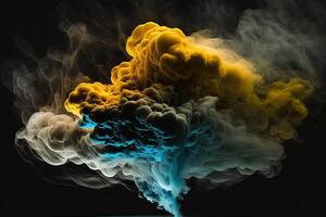 a colorful smoke cloud is shown in this image, it looks like it is floating in the air and is very dark and blue and yellow, with a black background. photo