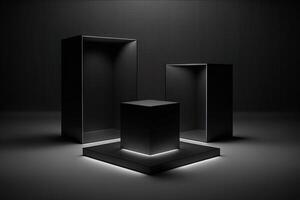 elegante Tres negro cubo estar para producto colocación Bosquejo. oscuro podio exposición escena antecedentes. mínimo caja plataforma sala de exposición con Mancha ligero generativo ai foto