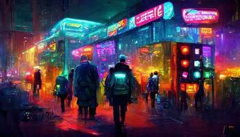 Streets of cyberpunk city, colorful city lights neon signs futuristic steampunk shops, people walking on the street. Industrial cyberpunk neon night city skyline view digital illustration photo