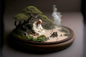 Miniature desk zen sandbox with Monk figure sit in Lotus position, stacked zen sea stones, brown elephant figurines, spa candles burning against dark studio background, copy space. photo