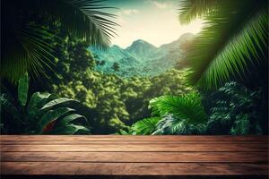 Tropical background with a wooden table on the forefront and lush vegetation with lots of copy space, perfect for editing with your product. Empty ready for your product display. photo