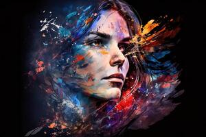 Beautiful fantasy abstract portrait of a beautiful woman double exposure with a colorful digital paint splash or space nebula, photo