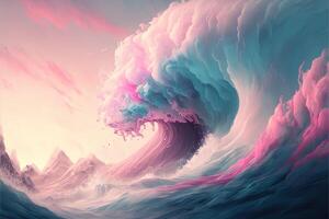 a wave of water and clouds in pastel colors and a pink and blue hues, with a light pink and blue hued background of a white and pink photo