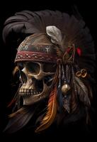 illustration of an old skull pirate on board a ship, a portrait of a captain, a sea wolf, black background, photo