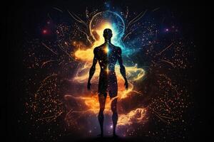 astral cuerpo silueta con resumen espacio antecedentes. esotérico, espiritual vida y meditación concepto. vida futura y conexión con otro mundos creado con generativo ai foto