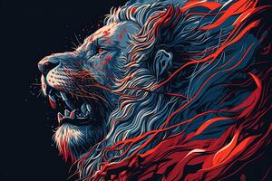 Poster of Lion roaring, Abstract poster of a dangerous and powerful roaring male lion. . Creative fire flames art paint coming from the mad king of the jungle. photo