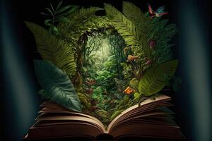 A tropical rainforest jungle with parrot, bird, monkey, wolf appearing opening a book. Jungle book for kid. fantastic jungle landscape. photo