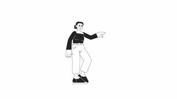 Animated bw woman tapping side. Lady in casual clothes touching, gesturing isolated 2D flat monochromatic thin line character animation. 4K video footage, alpha channel transparency for web design