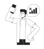 Gadget user having no phone signal bw vector spot illustration. Man with phone problem 2D cartoon flat line monochromatic character on white for web UI design. Editable isolated outline hero image