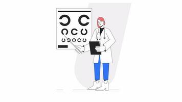 Vision eye test animation. Animated female ophthalmologist 2D cartoon flat colour line character. Optician eye chart 4K video concept footage on white with alpha channel transparency for web design