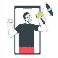 Influencer marketing flat line concept vector spot illustration. Man with megaphone in phone 2D cartoon outline character on white for web UI design. Announcement editable isolated colorful hero image