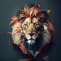 generativo ai ilustración de creativo de león hecho de vistoso geométrico formas en antecedentes. líder, coraje, fuerte y corajudo, majestuoso león foto