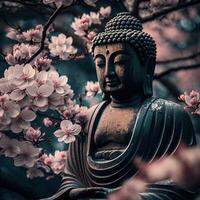 Buddha statue with cherry blossom. Mediation and zen concept. illustration of golden statue of Buddha at zen garden photo