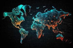 global mapa de el mundo, el tierra comunicación tecnologías con Internet efecto. futurista moderno generativo ai foto