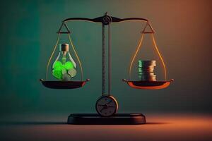 Scales with light bulb on one side and money on the other, concept of ideas and innovation, green background. Digital illustration. photo