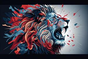 Poster of Lion roaring, Abstract poster of a dangerous and powerful roaring male lion. . Creative fire flames art paint coming from the mad king of the jungle. photo