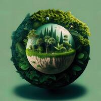 a green mini planet earth, Illustration of planet Earth with a giant tree. Energy saving, ecology and environment sustainable resources conservation concept. photo