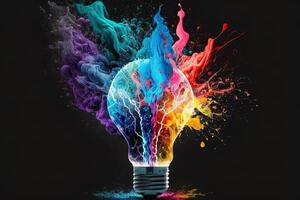 illustration of colorful bulb with splash of colors on black background. Creativity, eureka, imagination, inspiration. . Idea and solution concept photo