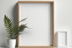 Blank picture frame mockup on wall in modern interior. Artwork template mock up in interior design. Wooden Picture Frame Mockup on White Wall Minimalist - photo