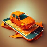 Online mobile application taxi ordering service , Orange taxi car driving along the route to the marker on a smart phone, on a city map. Car and satellite navigation systems concept. photo