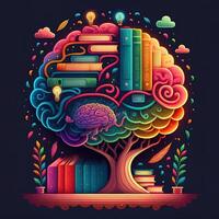 esta caprichoso imagen muestra un cerebro con un biblioteca adentro, sus neuronas y sinapsis iluminado arriba en un arco iris de alegre colores. un apilar de libros en un estante indica conocimiento y aprendiendo, generativo ai foto