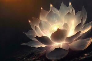 Bright red, yellow lotus flower, burning cloud-like petals, surrounded by magic chaos light, white smoke, falling reflected light, Lotus light with pearls floating on a sparkly background. photo