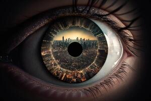 A photograph of a city from above inside the pupil of an eye realistic. Close-up Eye with a modern futuristic city inside it. Look for future. keep moving forward concept. photo