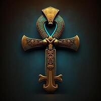 Ancient golden ankh symbol isolated on dark background. Illustration of an Egyptian cross in digital form. The ancient Egyptians used the Ankh as a symbol for eternal life. photo