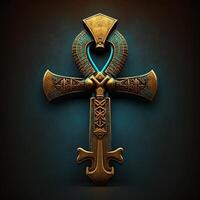 antiguo dorado ankh símbolo aislado en oscuro antecedentes. ilustración de un egipcio cruzar en digital forma. generativo ai el antiguo egipcios usado el ankh como un símbolo para eterno vida. foto