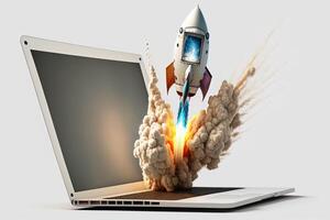 Rocket coming out of laptop screen, white background. AI digital illustration concept of ideas and start up. photo