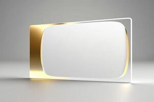 a white card for mockup, horizontal rectangular with rounded corner shapes, front view, stunning light, studio light, reflexion of hundred fine lines of gold reflection, white background photo