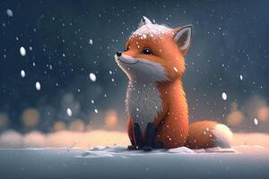 Cute red fox baby cartoon dreamlike in snow, winter, . Animal and landscape concept. photo