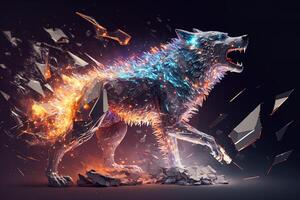 fusion of metal wolf exploding through fire surrounded by scattered glass shards and debris, cosmic energy photo