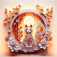 Paper cut quilling multidimensional chinese style cute zodiac cat with lanterns, blossom peach flower in background, chinese new year. Lunar new year 2023 concept. photo