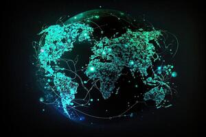 global mapa de el mundo, el tierra comunicación tecnologías con Internet efecto. futurista moderno generativo ai foto