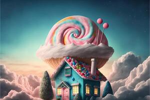 Christmas decorations with colorful gingerbread pink house and colorful candy on white cloud. Winter holidays new year and xmas composition. Amazing fairy Christmas house. photo