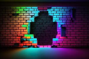 Modern futuristic blank brick wall background with neon lights. old grunge brick wall room background. Colorful copy space concept. photo