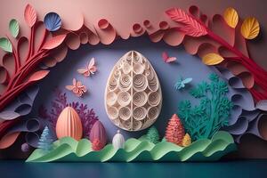 paper cut quilling multi dimensional easter egg in easter celebration, a lot of egg and small rabbit in background. Spring concept. photo