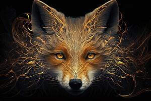 Fantasy Raster Image of Fox Face with Golden Spot, Animal face in the depths of galaxies and stars fox photo