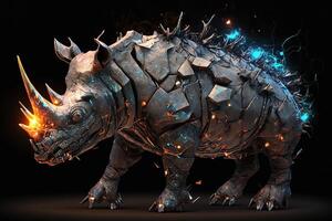 fusion of metal Rhino exploding through fire surrounded by scattered glass shards and debris, cosmic energy photo