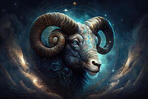 Backdrop of sacred zodiac Aries symbols, astrology, alchemy, magic, sorcery and fortune telling. digital painting. Zodiac sign Aries on the starry sky close up photo