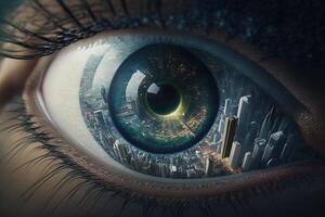 generativo ai un fotografía de un ciudad desde encima dentro el alumno de un ojo realista. de cerca ojo con un moderno futurista ciudad dentro él. Mira para futuro. mantener Moviente adelante concepto. foto