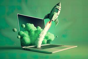 Rocket coming out of laptop screen, green background. AI digital illustration concept of ideas and start up. photo